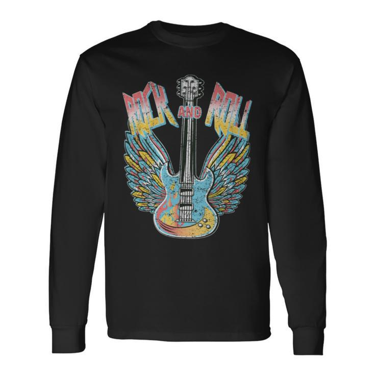 Vintage Retro 80S Rock & Roll Music Electric Guitar Wings Long Sleeve T-Shirt