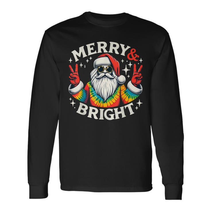Vintage Retro Merry And Bright Hippie Santa Peace Christmas Long Sleeve T-Shirt