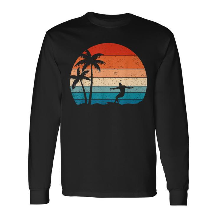 Vintage Sunset Palm Surfer Retro Surfing Beach Surf Long Sleeve T-Shirt