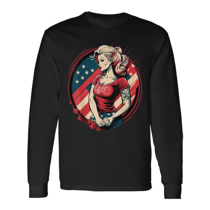 Vintage Tattoo Pin-Up Flag Rebellious Playful American Long Sleeve T-Shirt