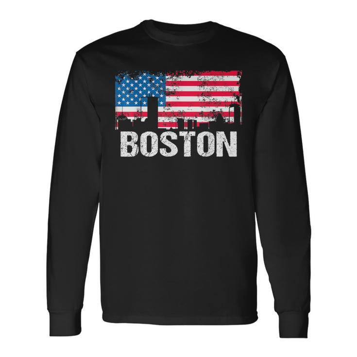 Vintage Us Flag American City Skyline Boston Massachusetts Long Sleeve T-Shirt