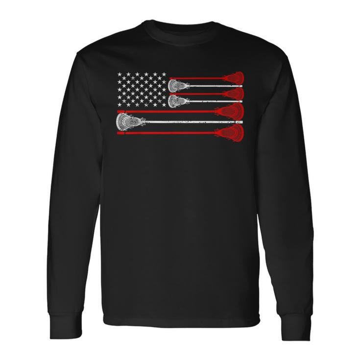 Vintage Usa American Flag Lacrosse Player Lover Patriotic Long Sleeve T-Shirt