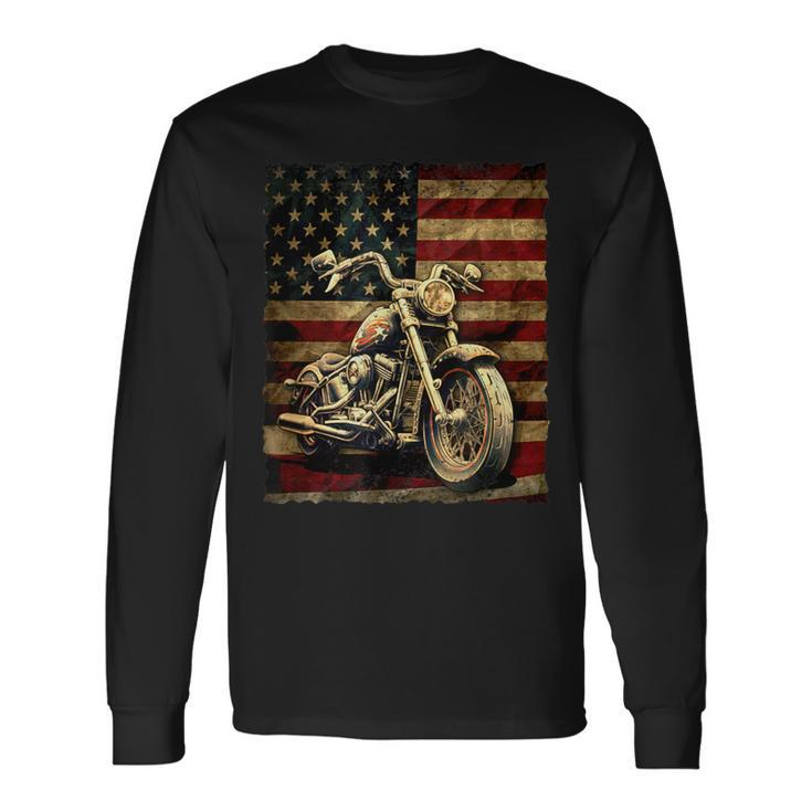 Vintage Usa Flag Motorcycle Retro Biker Mens Long Sleeve T-Shirt