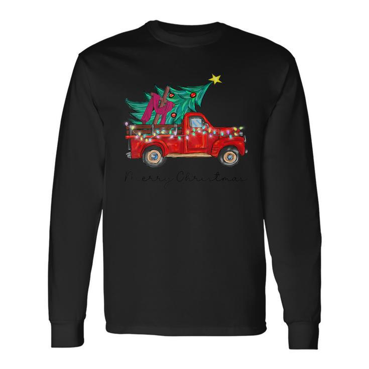 Vintage Wagon Red Truck Christmas Tree Pajama Xmas Long Sleeve T-Shirt