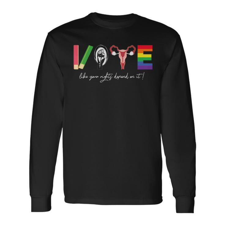 Vote Books Fist Uterus Lgtbq Flag Retro Pro Choice Liberal Long Sleeve T-Shirt