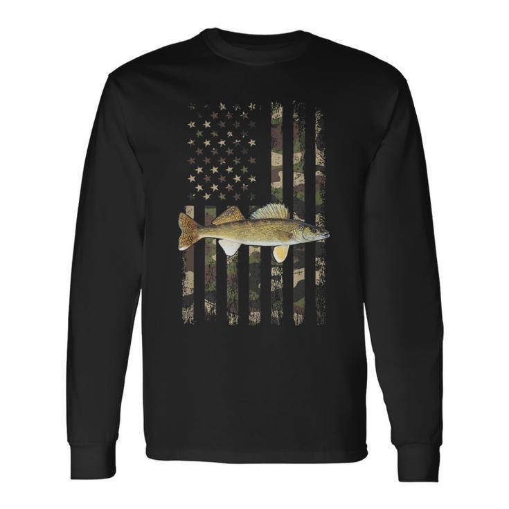 Walleye Camo American Flag Fishing Walleye Long Sleeve T-Shirt