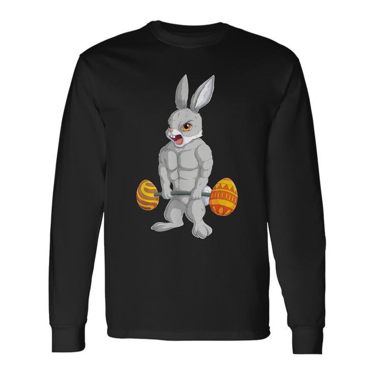 Weightlifting Fitness Gym Happy Easter Bunny Lifting Eggs Long Sleeve T-Shirt