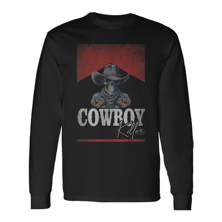 Western Cowboy Killer Cowboy Skeleton Hat And Scarf Long Sleeve T-Shirt