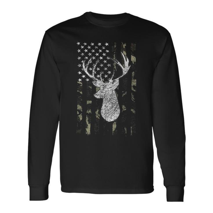 Whitetail Buck Deer Hunting American Camouflage Usa Flag Long Sleeve T-Shirt
