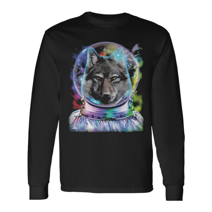 Wolf As Astronaut Exploring Galaxy Space Long Sleeve T-Shirt