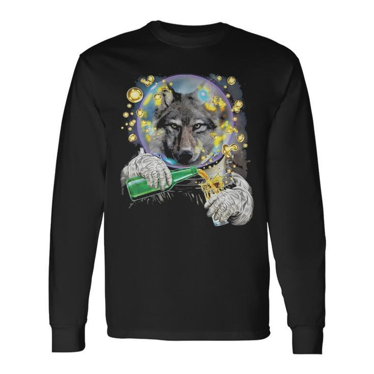 Wolf As Astronaut In Space Enjoying Drink Long Sleeve T-Shirt