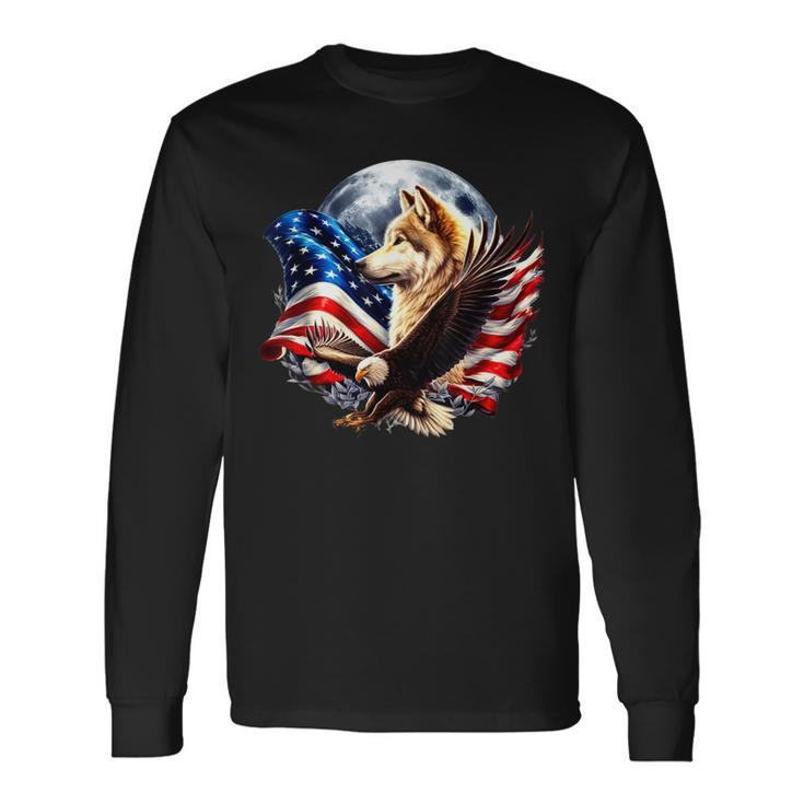 Wolf Bald Eagle American Flag Full Moon New Years Wolf Lover Long Sleeve T-Shirt