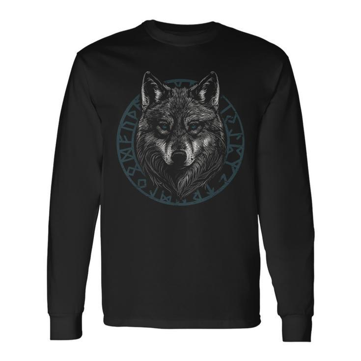 Wolf With Blue Eyes Viking Runes Animal Graphic Long Sleeve T-Shirt