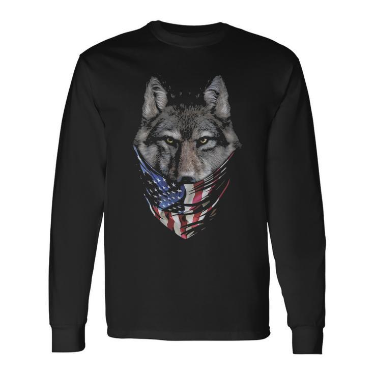 Wolf In Flag Of Usa Bandana Long Sleeve T-Shirt