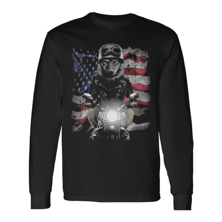 Wolf Motorbike With Flag Of Usa Long Sleeve T-Shirt