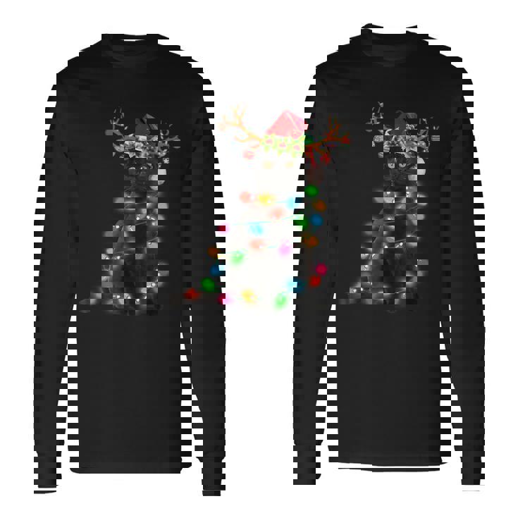 Xmas Reindeer Black Cat Christmas Lights Cat Lover Long Sleeve T-Shirt Gifts ideas