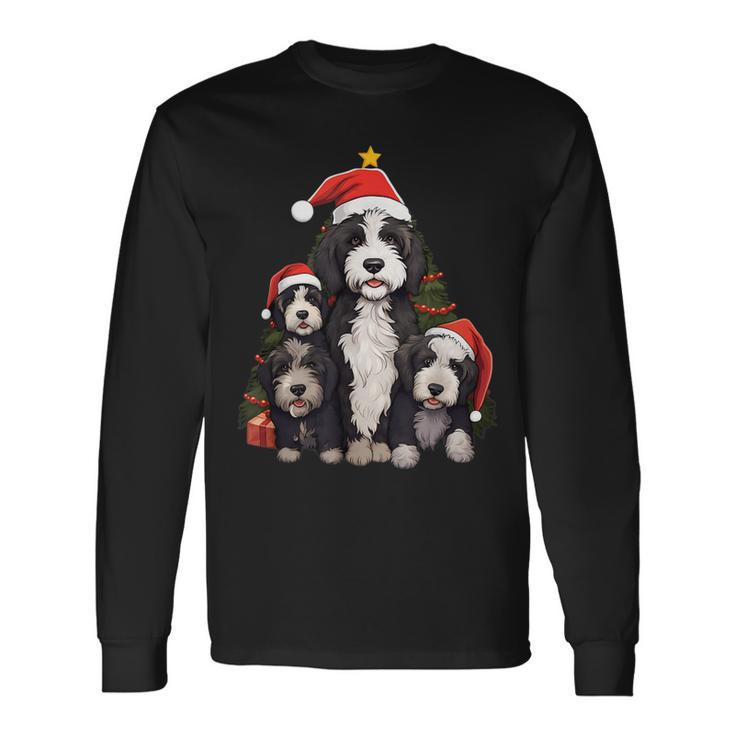 Xmas Sheepadoodle Dog Pile Up Christmas Tree Long Sleeve T-Shirt