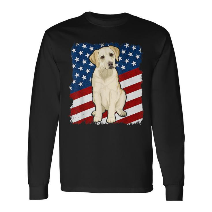 Yellow Labrador Dog American Flag Long Sleeve T-Shirt