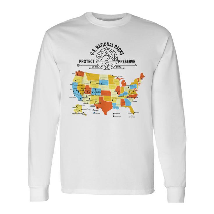 All 63 Us National Parks Map US National Park Hiking Map Long Sleeve T-Shirt