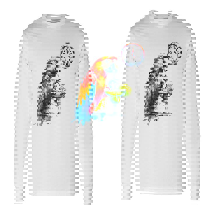 Always 5 O'clock Colorful Parrot Drinking Margarita Long Sleeve T-Shirt