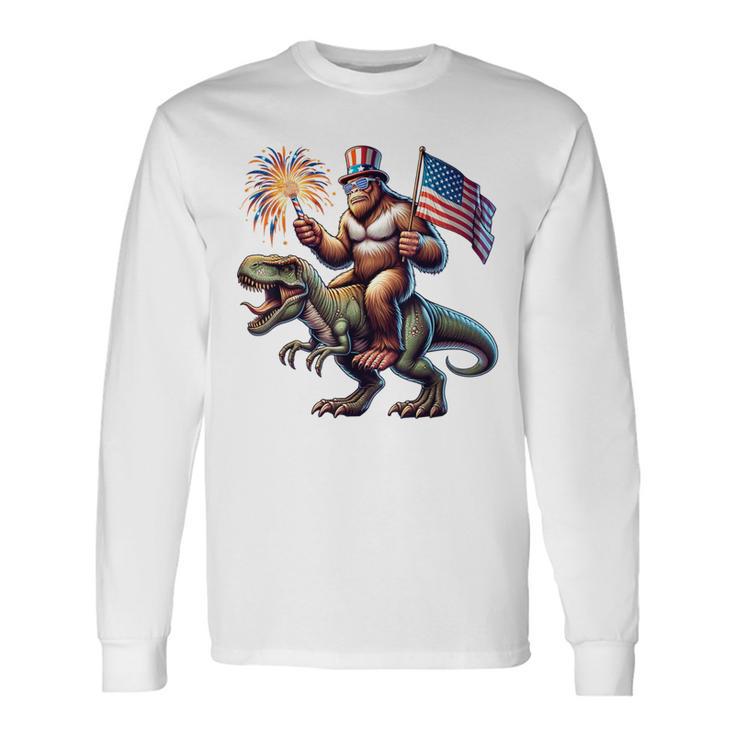 Bigfoot Sasquatch Riding Dinosaur T Rex 4Th Of July Long Sleeve T-Shirt