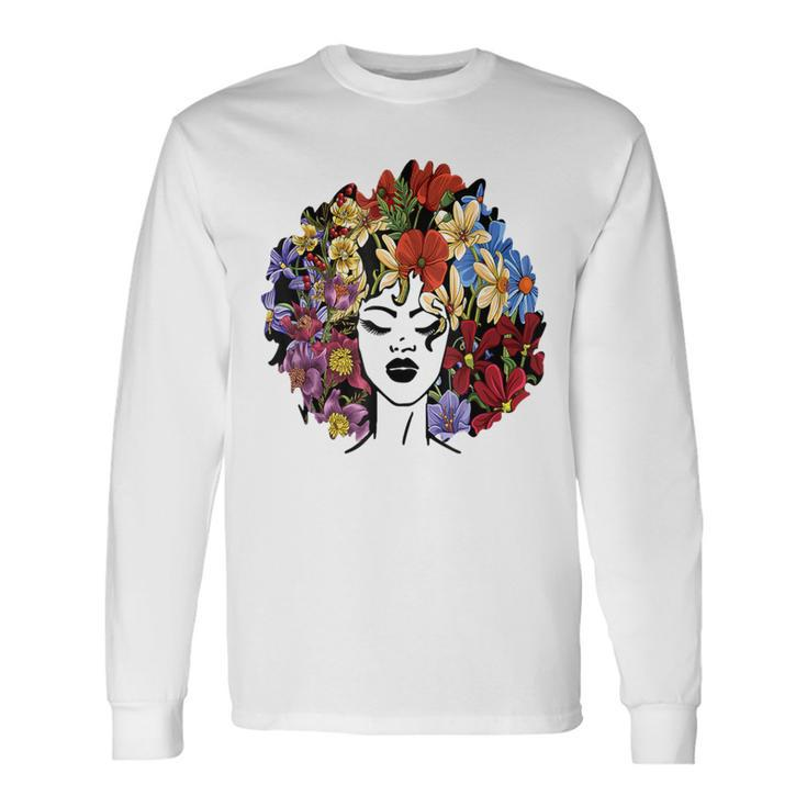 Black Queen Lady Curly Natural Afro African Black Hair Long Sleeve T-Shirt