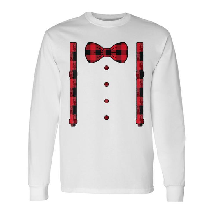 Buffalo Plaid Hearts Bow Tie & Suspenders Valentine's Day Long Sleeve T-Shirt