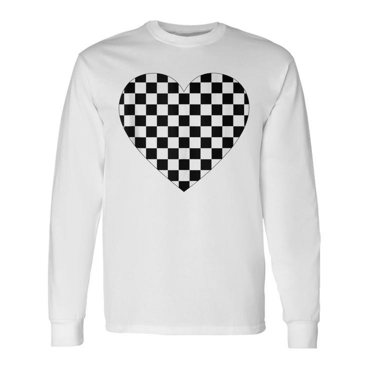 Checkered Love Heart Black White Plaid Racing Long Sleeve T-Shirt