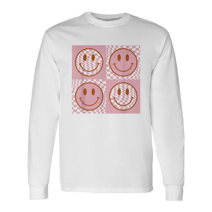 Checkered Pattern Happy Face Retro Pink Smile Face Long Sleeve T-Shirt