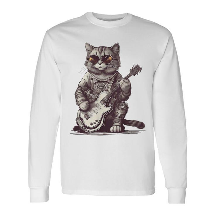 Cool Guitar Playing Cat With Glasses Band Rock Guitar Long Sleeve T-Shirt