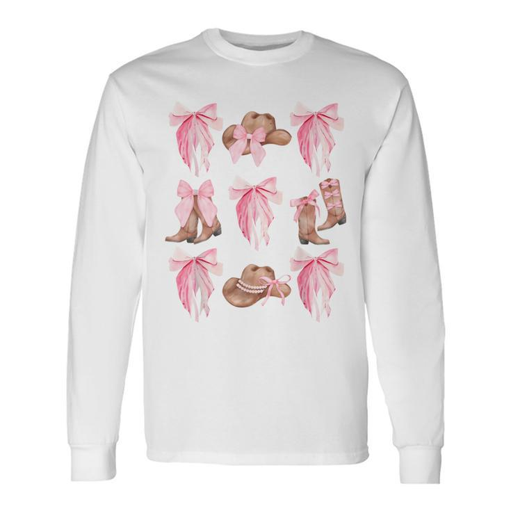 Coquette Pink Bow Cowboy Boots Hat Western Country Cowgirl Long Sleeve T-Shirt