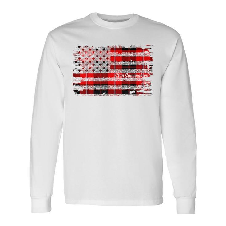 Cunningham Surname American Flag Scottish Clan Tartan Long Sleeve T-Shirt