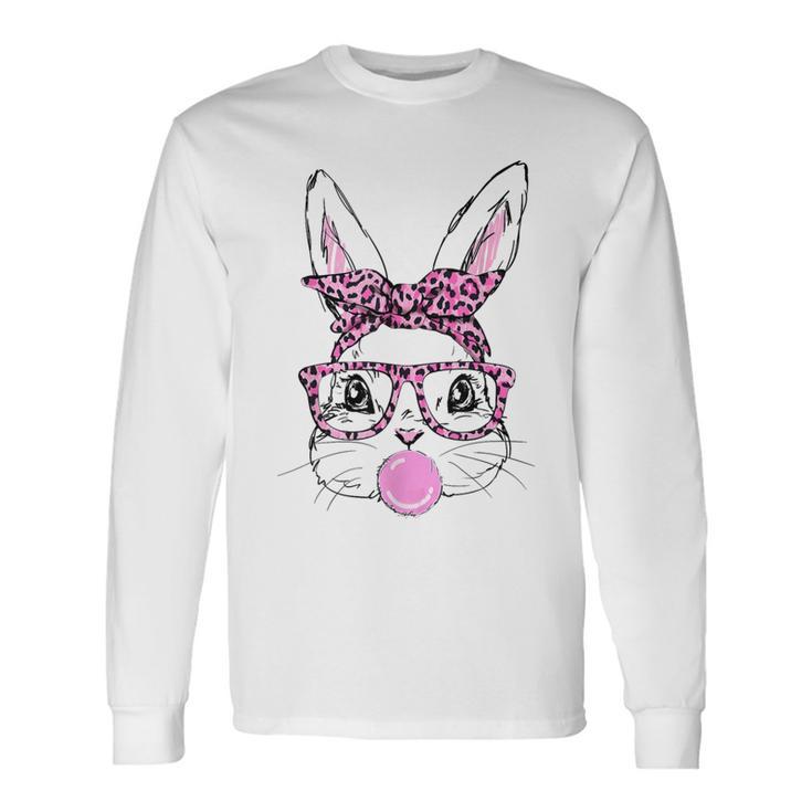 Cute Bunny Face Pink Glasses Leopard Bublegum Easter Day Long Sleeve T-Shirt Gifts ideas