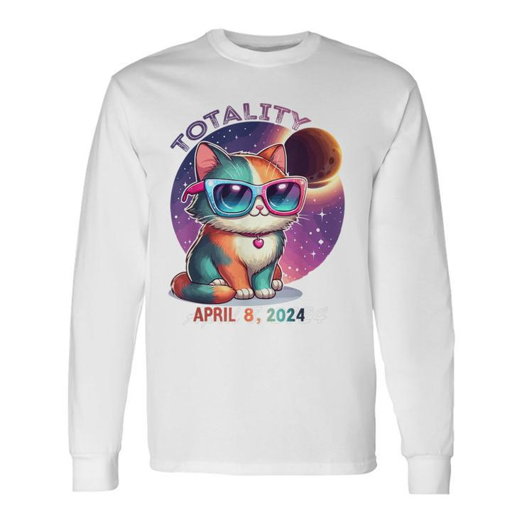 Cute Cat Wearing Solar Eclipse Glasses In Total Eclipse 2024 Long Sleeve T-Shirt