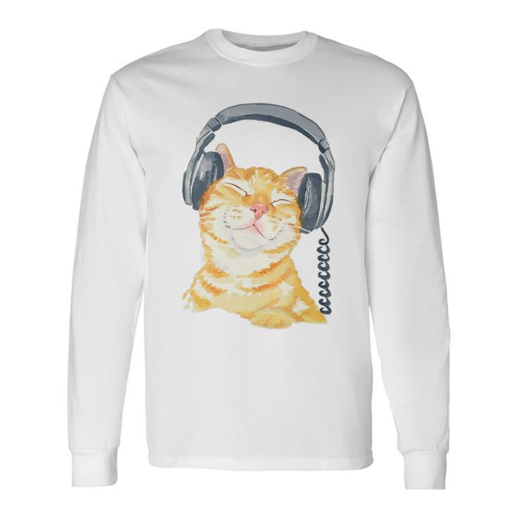 Cute Ginger Cat Grooving To Music Headphones Long Sleeve T-Shirt