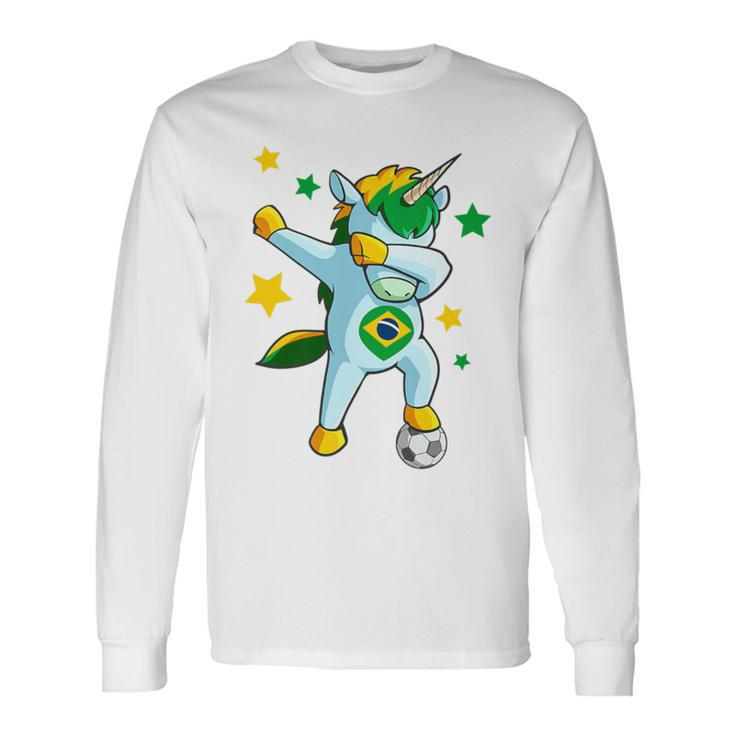 Dabbing Unicorn Support Jersey Brazil Soccer Girls Long Sleeve T-Shirt Gifts ideas