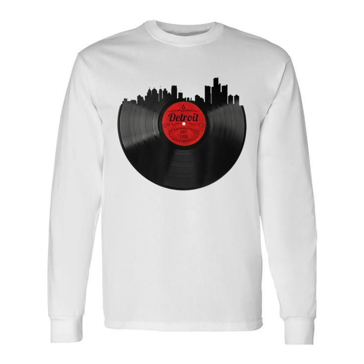 Detroit Vintage Michigan Skyline Vinyl Record Long Sleeve T-Shirt