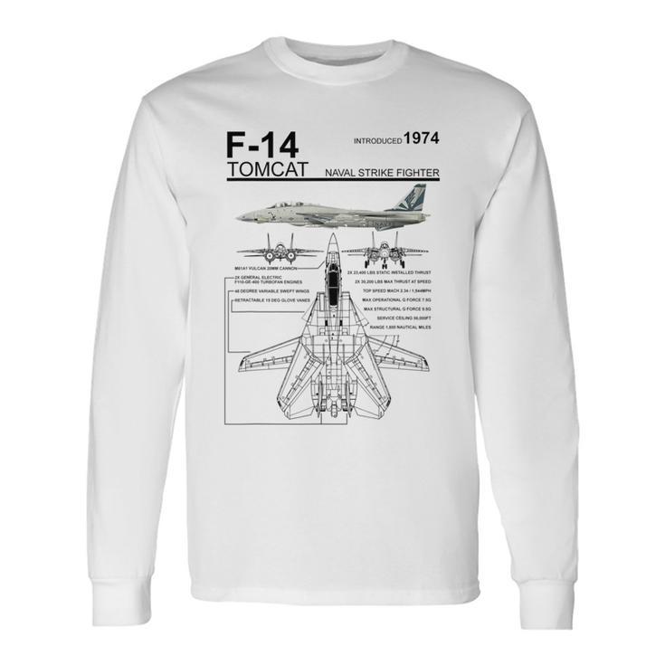 F-14 Tomcat Navy Fighter Jet Diagram Graphic Long Sleeve T-Shirt