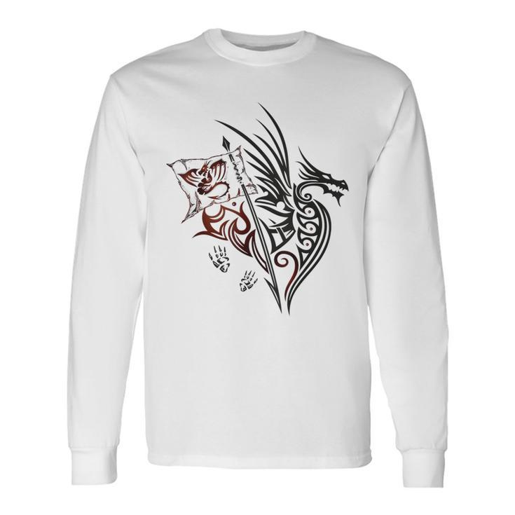 Fire Dragon With Wings Footprints And Flag Fantasy Long Sleeve T-Shirt