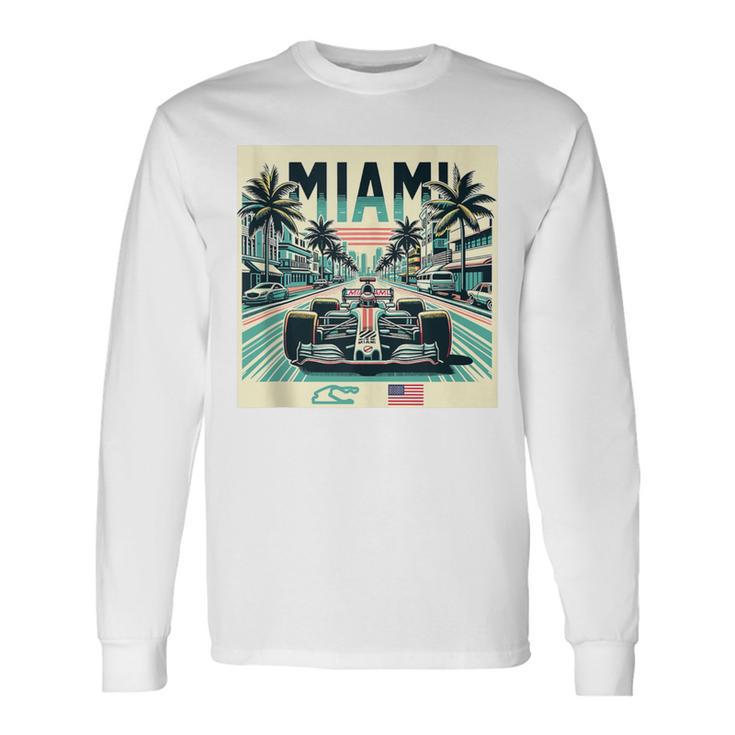 Formula Racing Open Wheel Car Retro Miami Circuit Usa Flag Long Sleeve T-Shirt