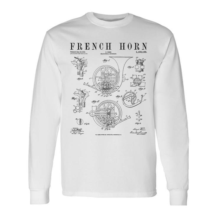 French Horn Old Vintage Antique Patent Drawing Print Long Sleeve T-Shirt