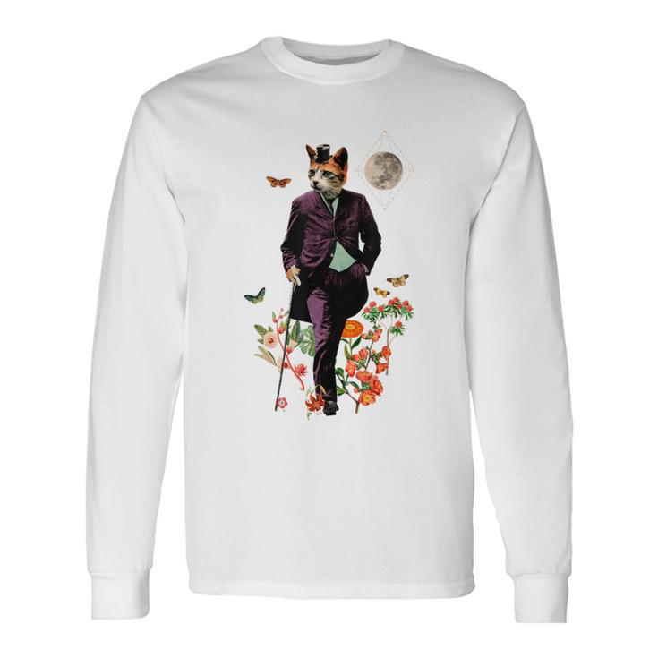 Cat With Flowers And Walking Stick And Moon Long Sleeve T-Shirt