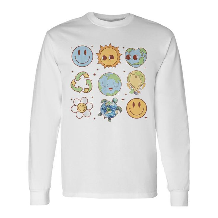 Groovy Earth Planet Hippie Smile Face Happy Earth Day 2024 Long Sleeve T-Shirt