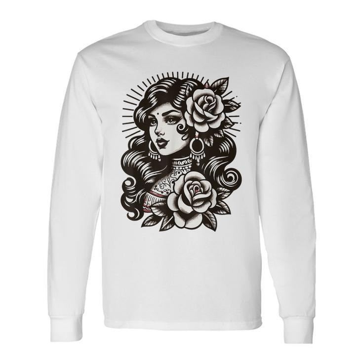 Gypsy Lady Vintage Tattoo Style Long Sleeve T-Shirt