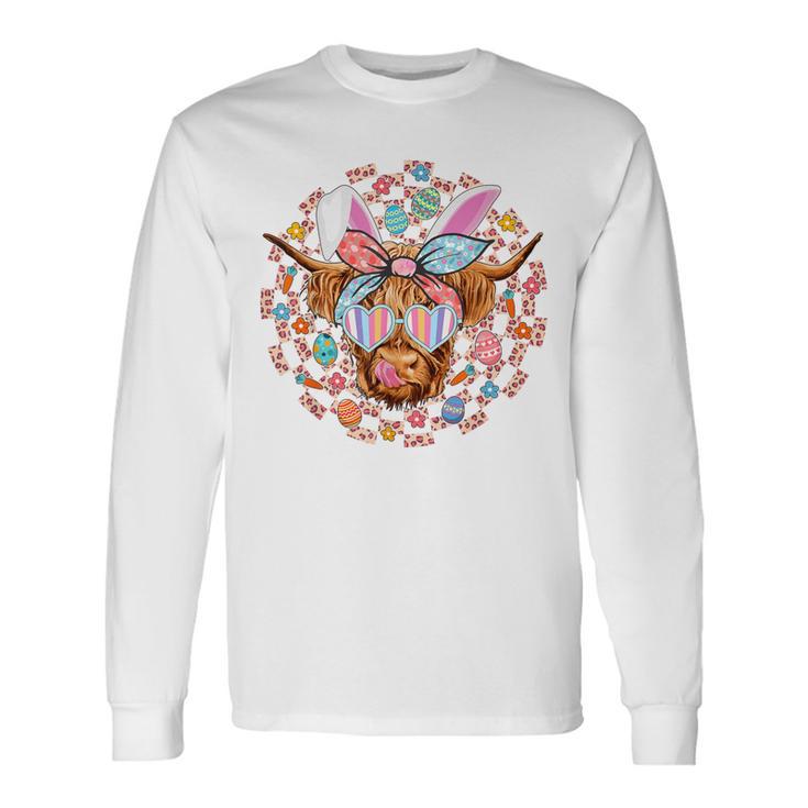 Highland Cow With Easter Eggs Bunny Ear Easter Day Cow Lover Long Sleeve T-Shirt Gifts ideas