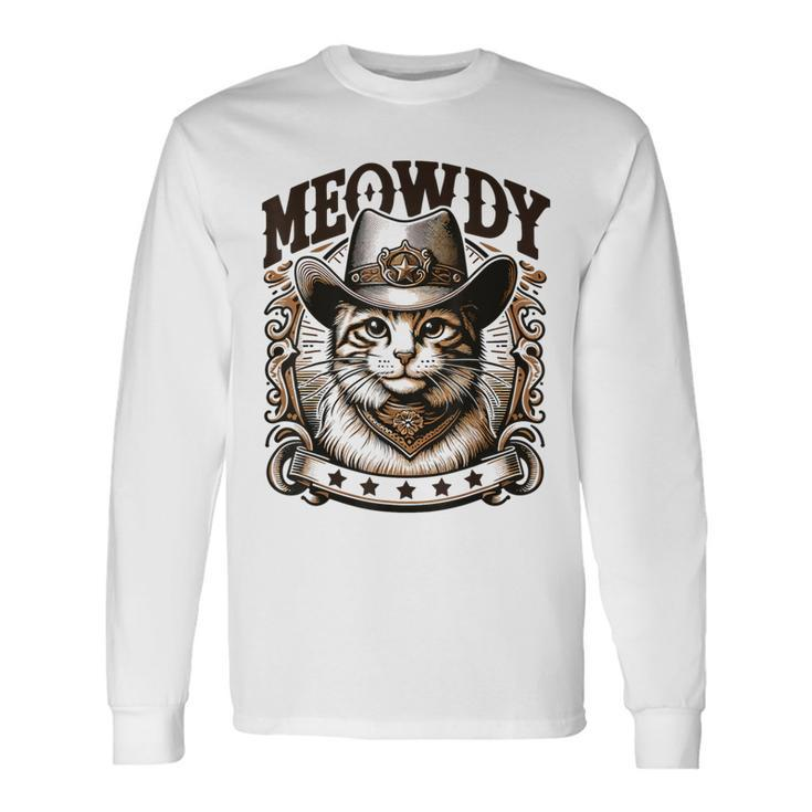 Meowdy Cat Wearing Cowboy Hat Vintage Western Country Long Sleeve T-Shirt