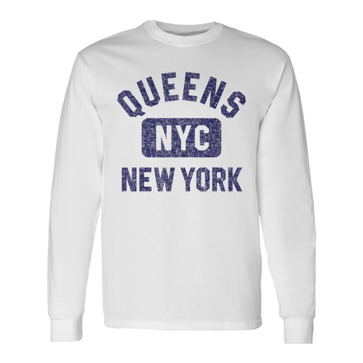 Queens Nyc Gym Style Distressed Navy Blue Print Long Sleeve T-Shirt Gifts ideas