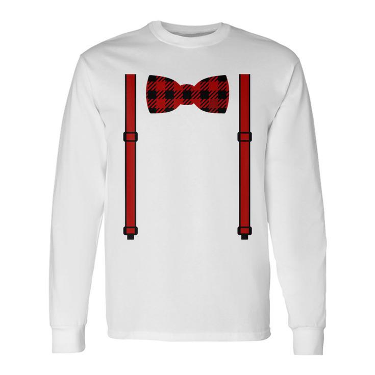 Red Buffalo Plaid Bow Tie And Suspenders Long Sleeve T-Shirt