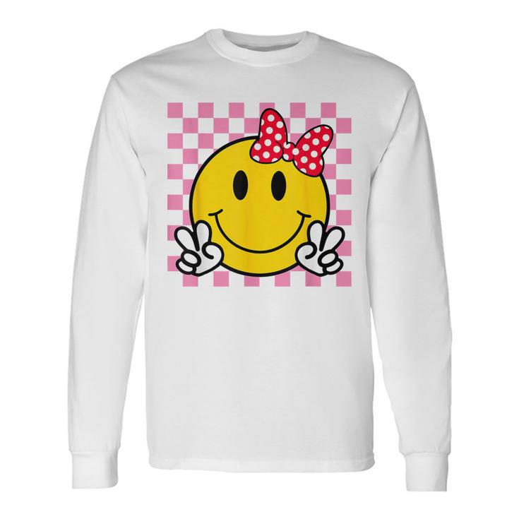 Retro Happy Face With Bow And Checkered Pattern Smile Face Long Sleeve T-Shirt