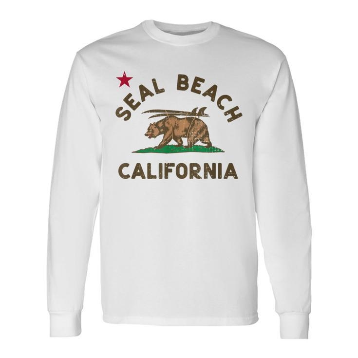 Seal Beach California Beach Flag Bear Surf Ca Vintage Long Sleeve T-Shirt